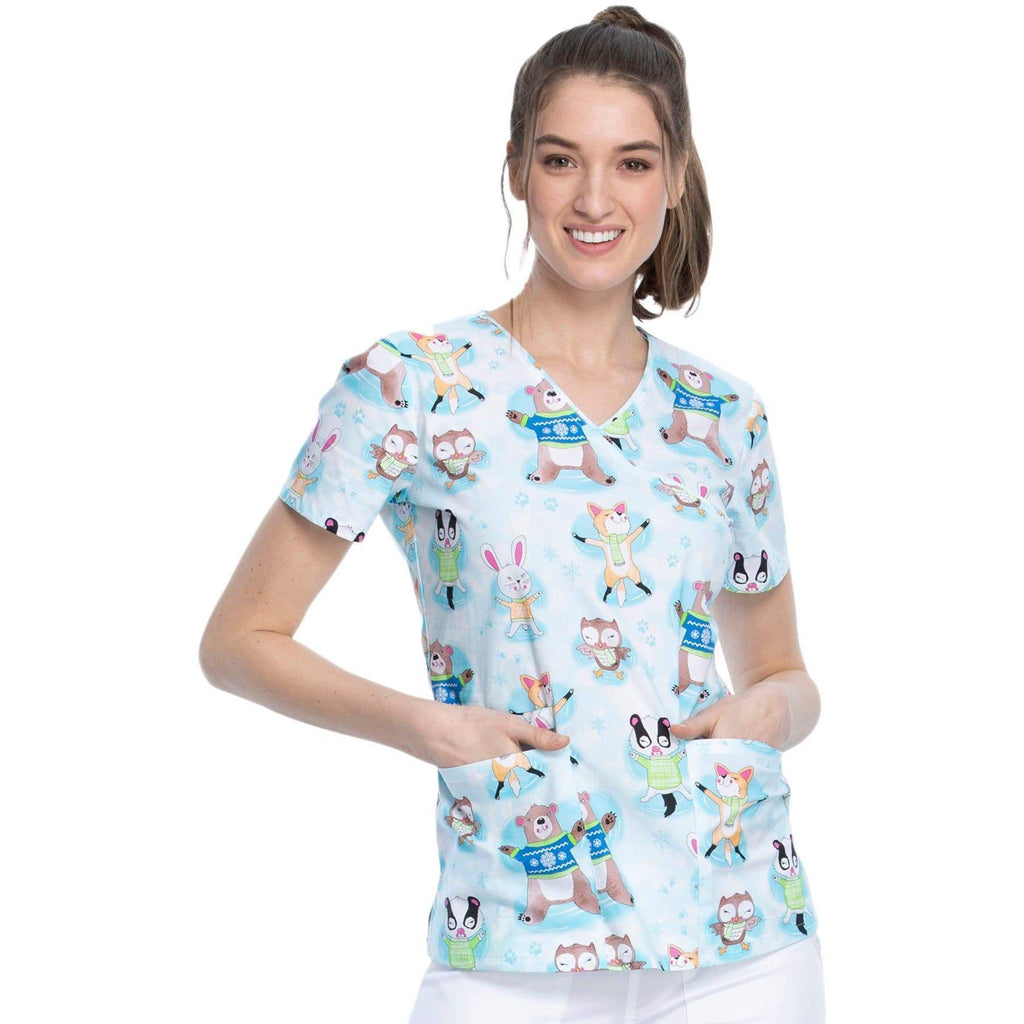 Cherokee Winter CK614 Scrubs Top Women Woodland Snow Angels