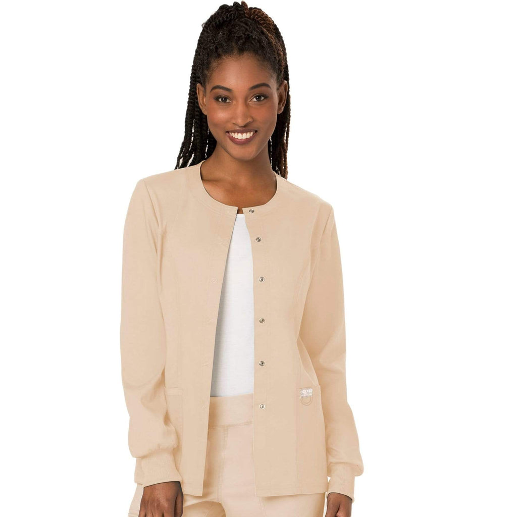Cherokee Workwear Revolution WW310 Scrubs Jacket Women's Snap Front Warm-up Khaki
