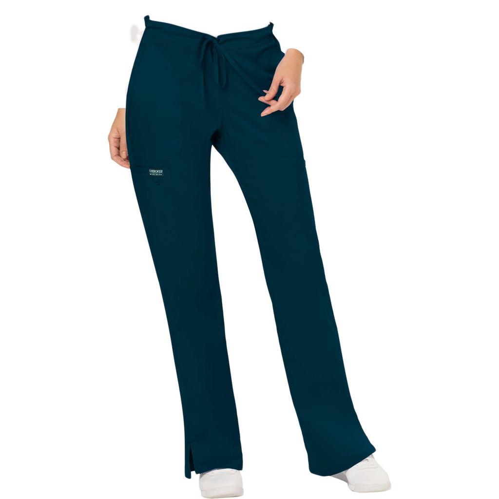 Cherokee Workwear Revolution WW120 Scrubs Pants Women's Mid Rise Flare Drawstring Caribbean Blue