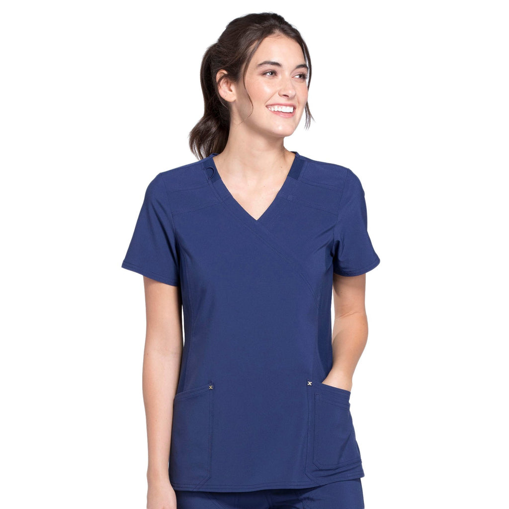 Cherokee iflex CK680 Scrubs Top Women's Mock Wrap Knit Panel Navy