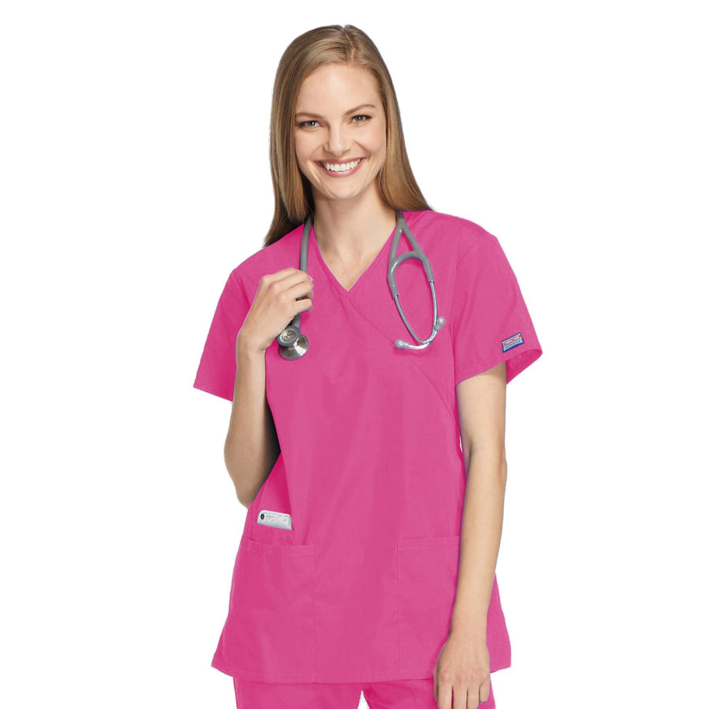 Cherokee Workwear 4801 Scrubs Top Women's Mock Wrap Tunic Shocking Pink