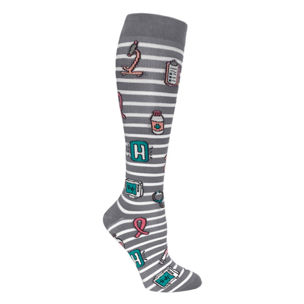 Prestige 12" Premium Compression Socks Grey Stripes and Medical Symbols