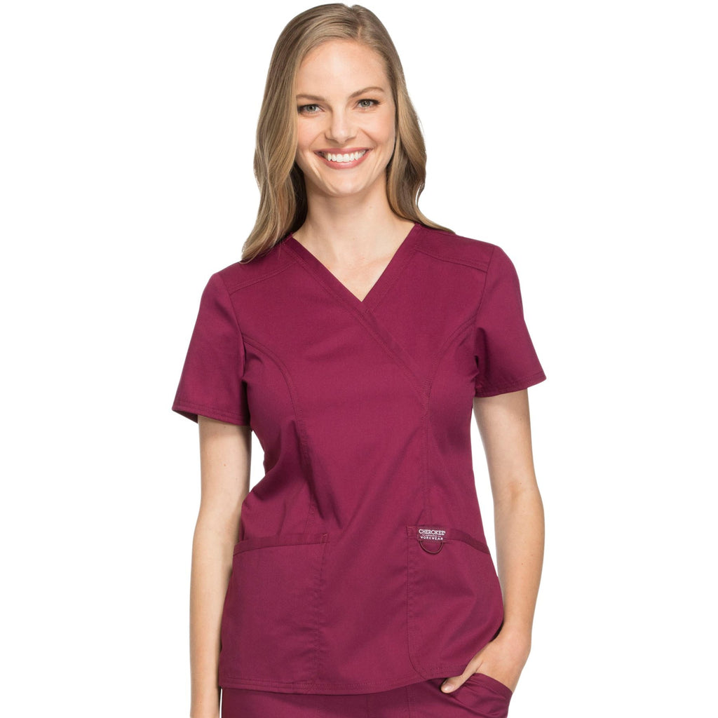 Cherokee Workwear Revolution WW610 Scrubs Top Women's Mock Wrap Wine
